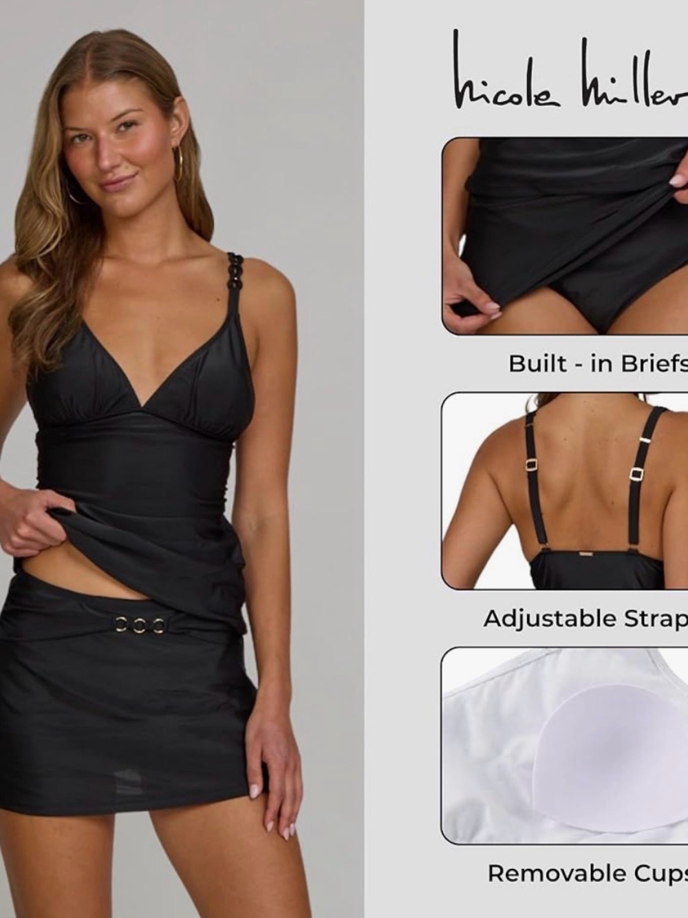 Nicole Miller Black Tankini with Ring-Accent Skirt